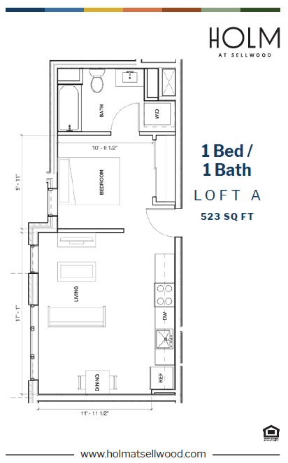 Floor plan for 1 bed, 1 bath, 522 sqft